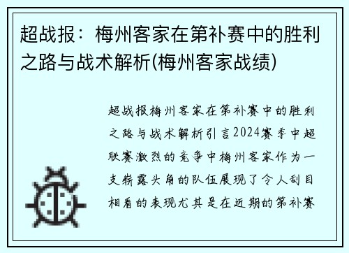 超战报：梅州客家在第补赛中的胜利之路与战术解析(梅州客家战绩)